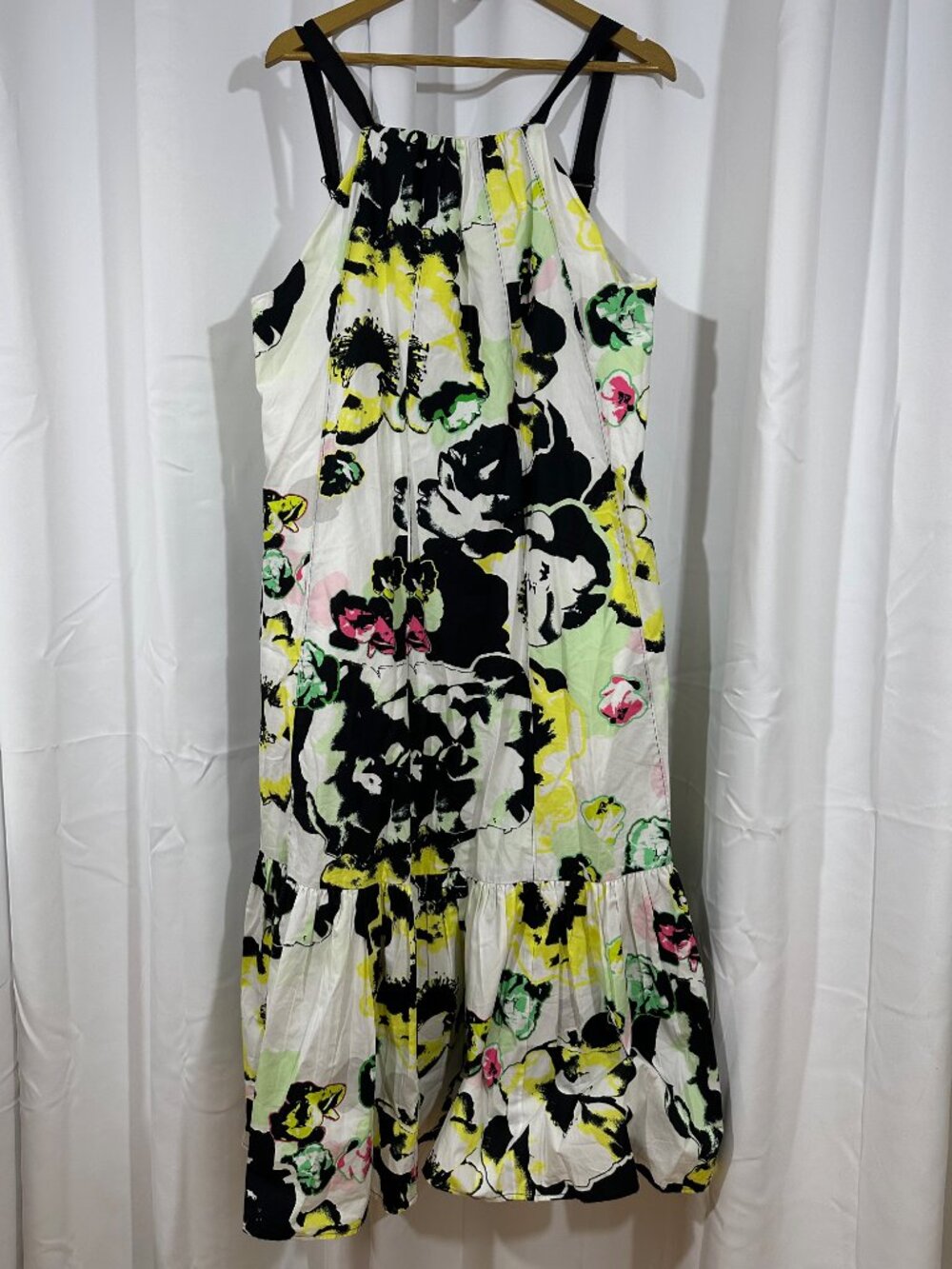 Peter Som Women's Medium Floral Midi Dress Cotton Black White Green Pink